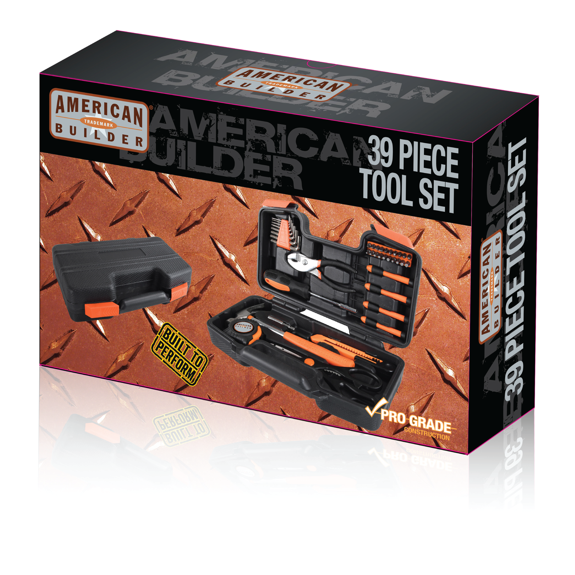 Multicolor box image showing the American Builder® 39-piece tool set with some text displayed on a white background.