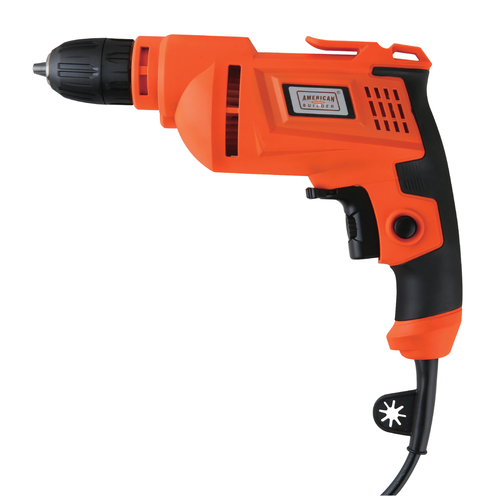 Front view of orange and black colored American Builder® Electric Drill displayed on a white background.