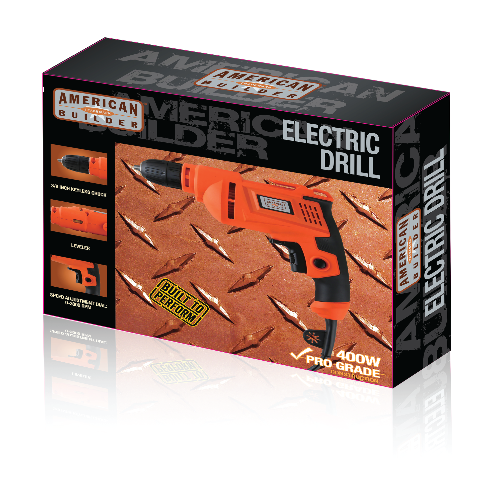 Multicolor box image showing the American Builder® Electric Drill with some text displayed on a white background.