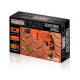 The American Builder Electric Drill box showcases an orange and black drill with 400W power, pro-grade build, 3/8 keyless chuck, leveler—ideal for home improvement projects.