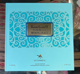 A turquoise box with gold and blue designs holds Casabella Moonlight Eau de Parfum Spray for Women 3.4 OZ by North Point, featuring English and Arabic labeling, a camel graphic, and product details: 100ml, Eau de Parfum.