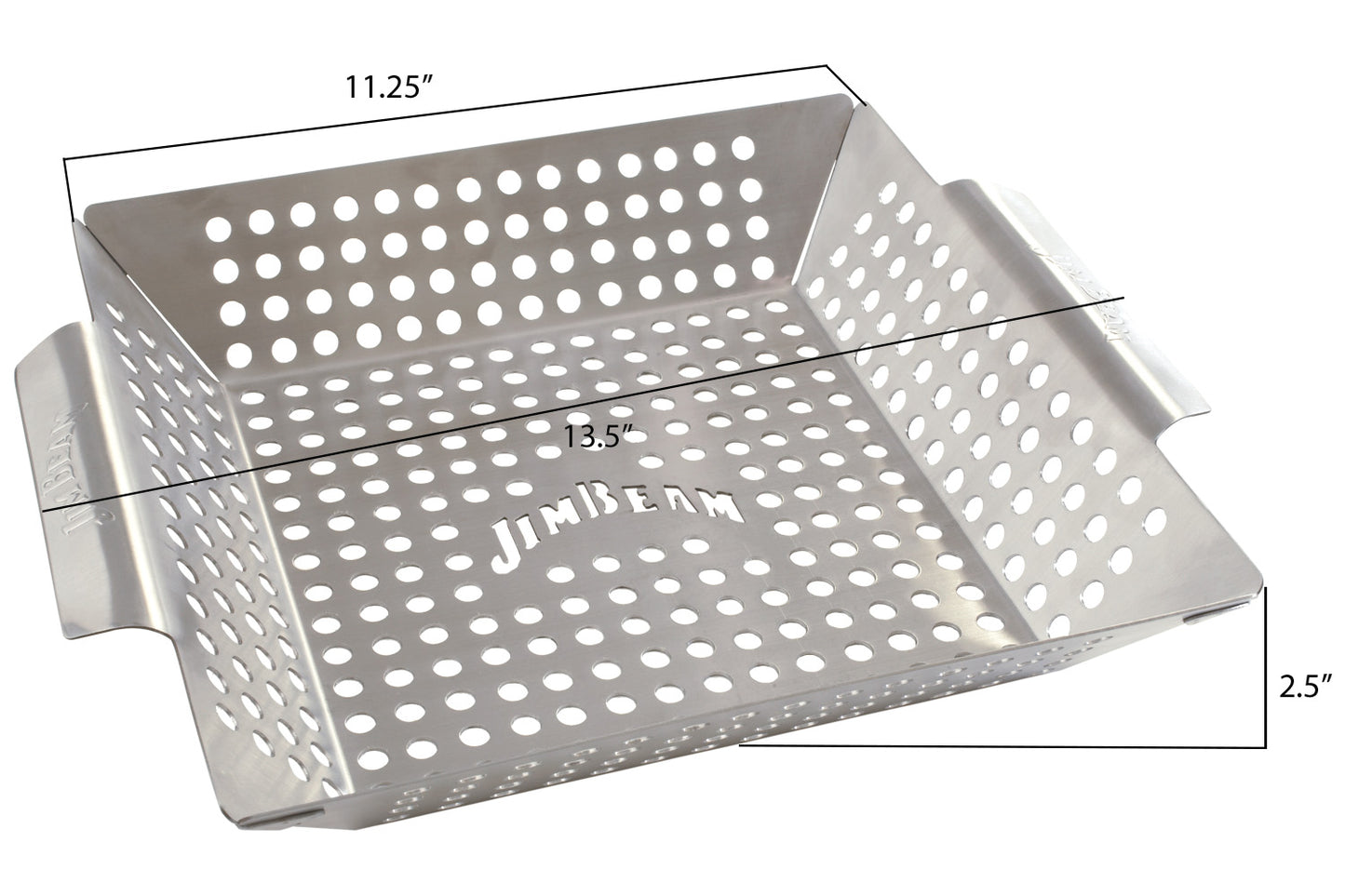 Jim Beam® stainless steel grilling wok with perforated holes displaying on a white background, featuring measurements indicating a 13.5-inch length including handles, 11.25-inch length without handles, and 2.5-inch height.