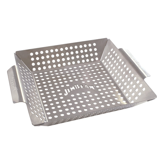 Jim Beam® stainless steel grilling wok with perforated holes displaying on a white background.