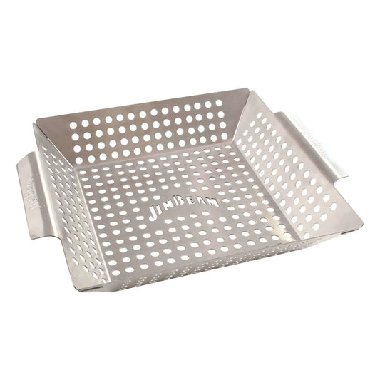 The Jim Beam Stainless Steel Grilling Wok features round perforations, two flat handles, and JIM BEAM cut out in the center—perfect for stir-fry or grilling outdoors.