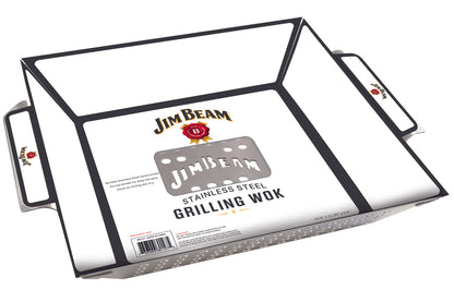 White label with text covering Jim Beam® stainless steel grilling wok with perforated holes displaying on a white background.