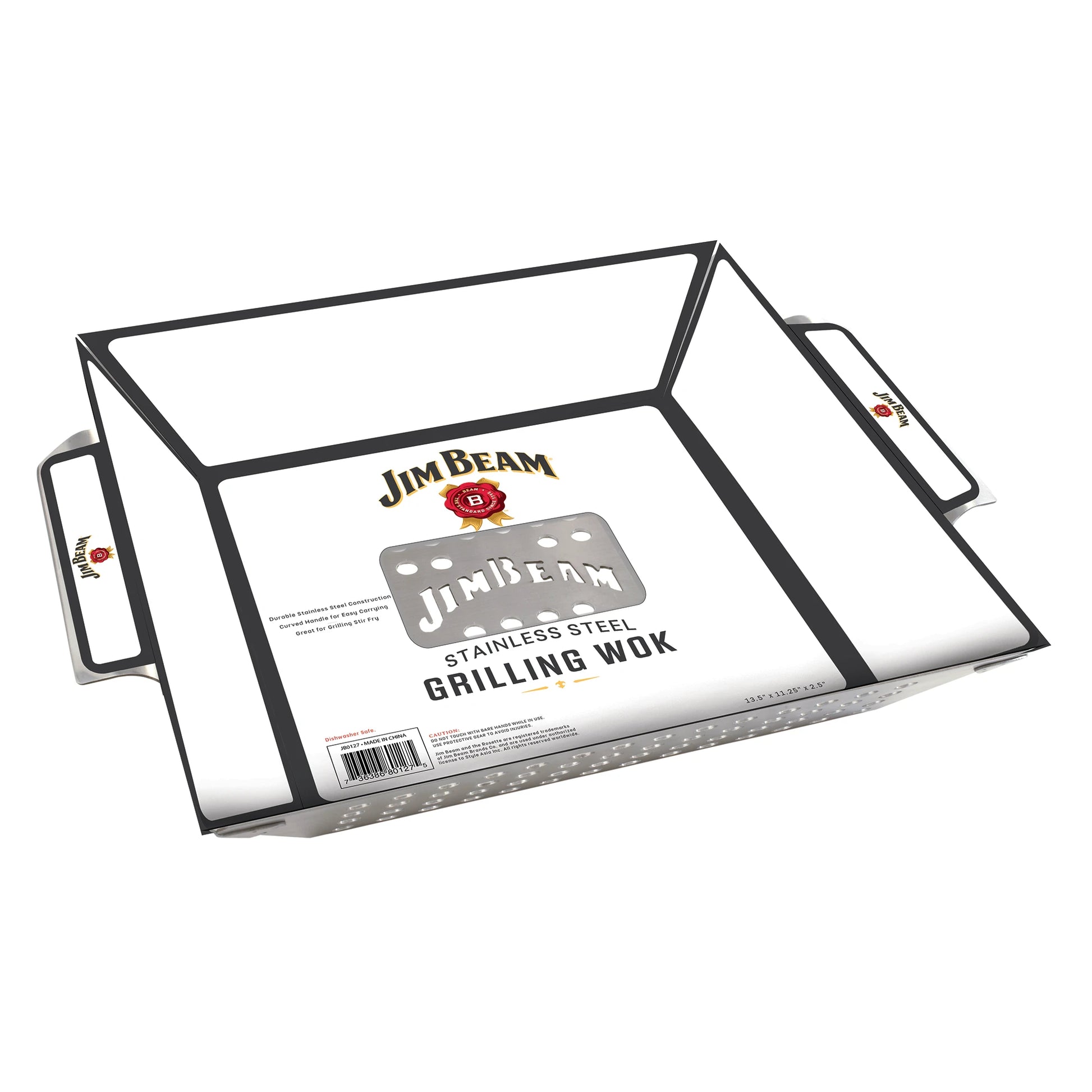 The Jim Beam Stainless Steel Grilling Wok, featuring dual handles and perforated holes, is perfect for stir-fry fans and outdoor grilling, making it an ideal addition to your barbecue setup.