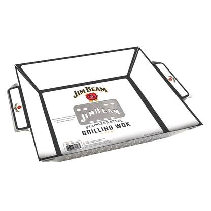 The Jim Beam Stainless Steel Grilling Wok, featuring dual handles and perforated holes, is perfect for stir-fry fans and outdoor grilling, making it an ideal addition to your barbecue setup.