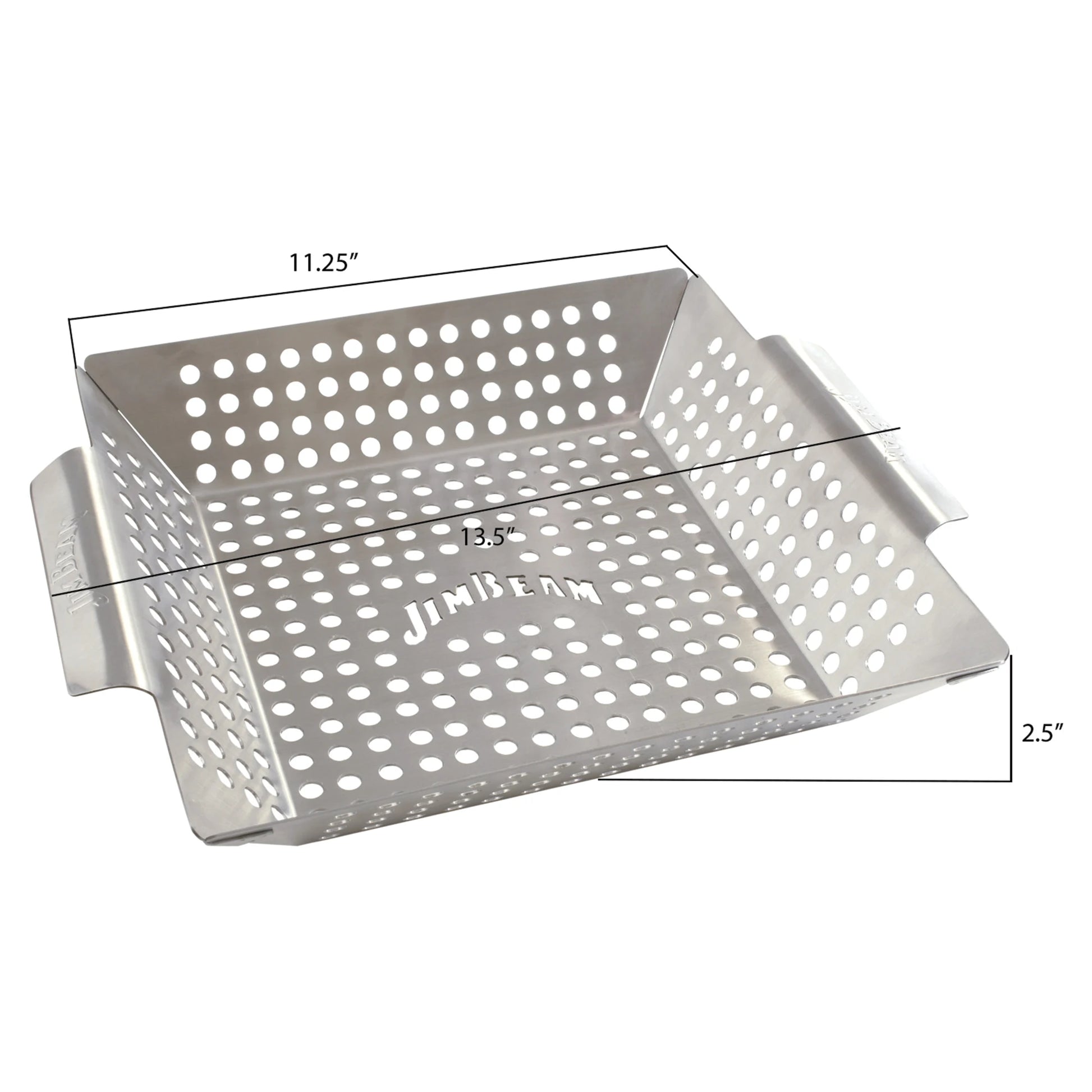 The Jim Beam Stainless Steel Grilling Wok features holes, two side handles, and a Jim Beam cutout. Perfect for stir-fry or grilling fans. Dimensions: 11.25 W x 13.5 L x 2.5 H.