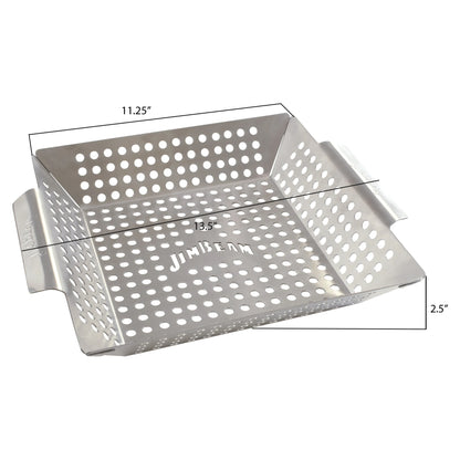 The Jim Beam Stainless Steel Grilling Wok features holes, two side handles, and a Jim Beam cutout. Perfect for stir-fry or grilling fans. Dimensions: 11.25 W x 13.5 L x 2.5 H.