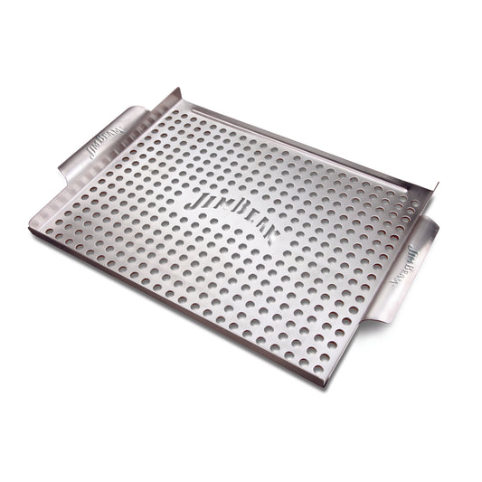 Jim Beam® rectangular stainless steel grill topper with perforated holes displaying on a white background.