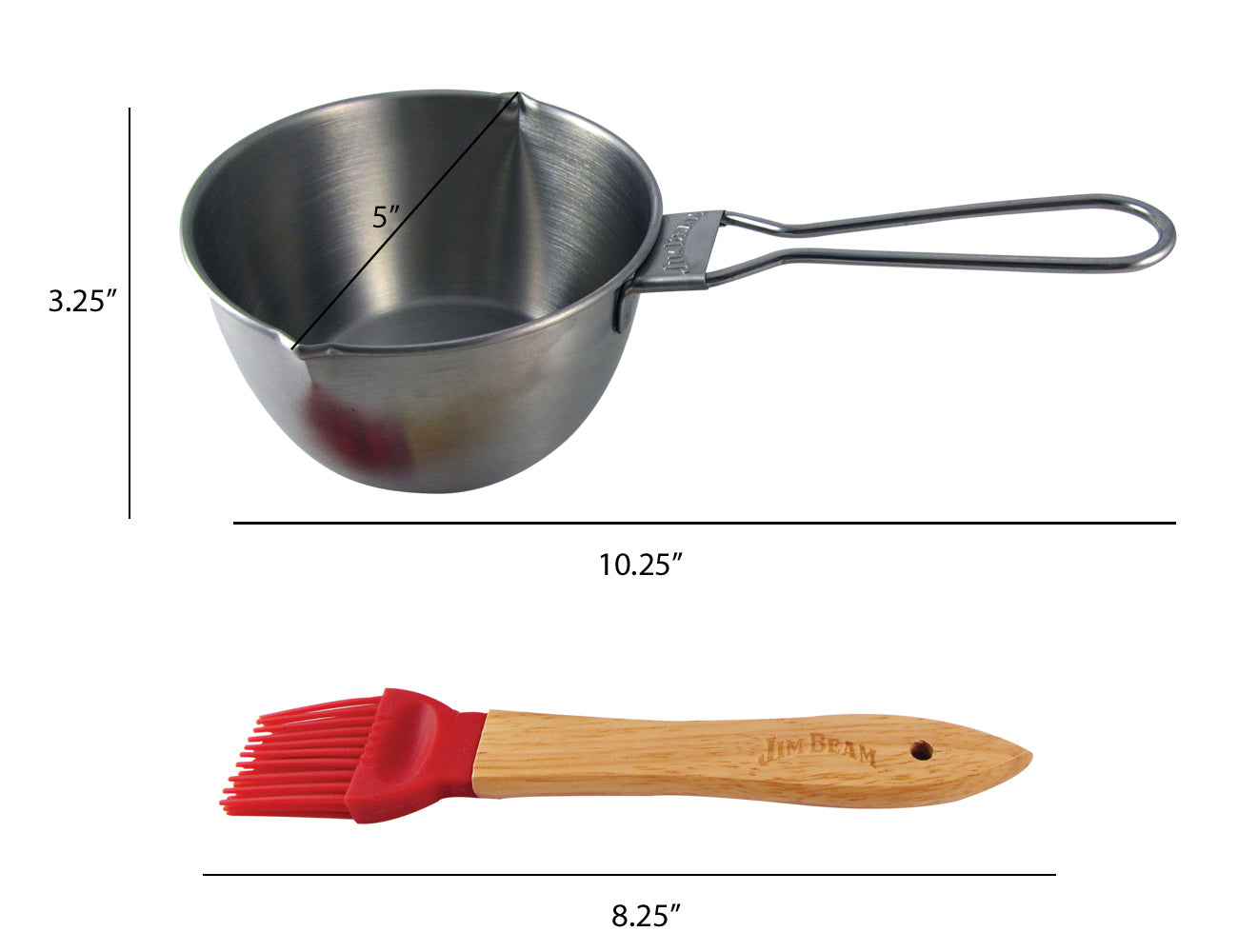 Jim Beam® stainless steel basting pot with spout and red silicone basting brush head with wooden handle set displaying on a white background, featuring measurements indicating a basting pot 10.25-inch length, 5-inch width, 3.25-inch height, and basting brush 8.25-inch length.