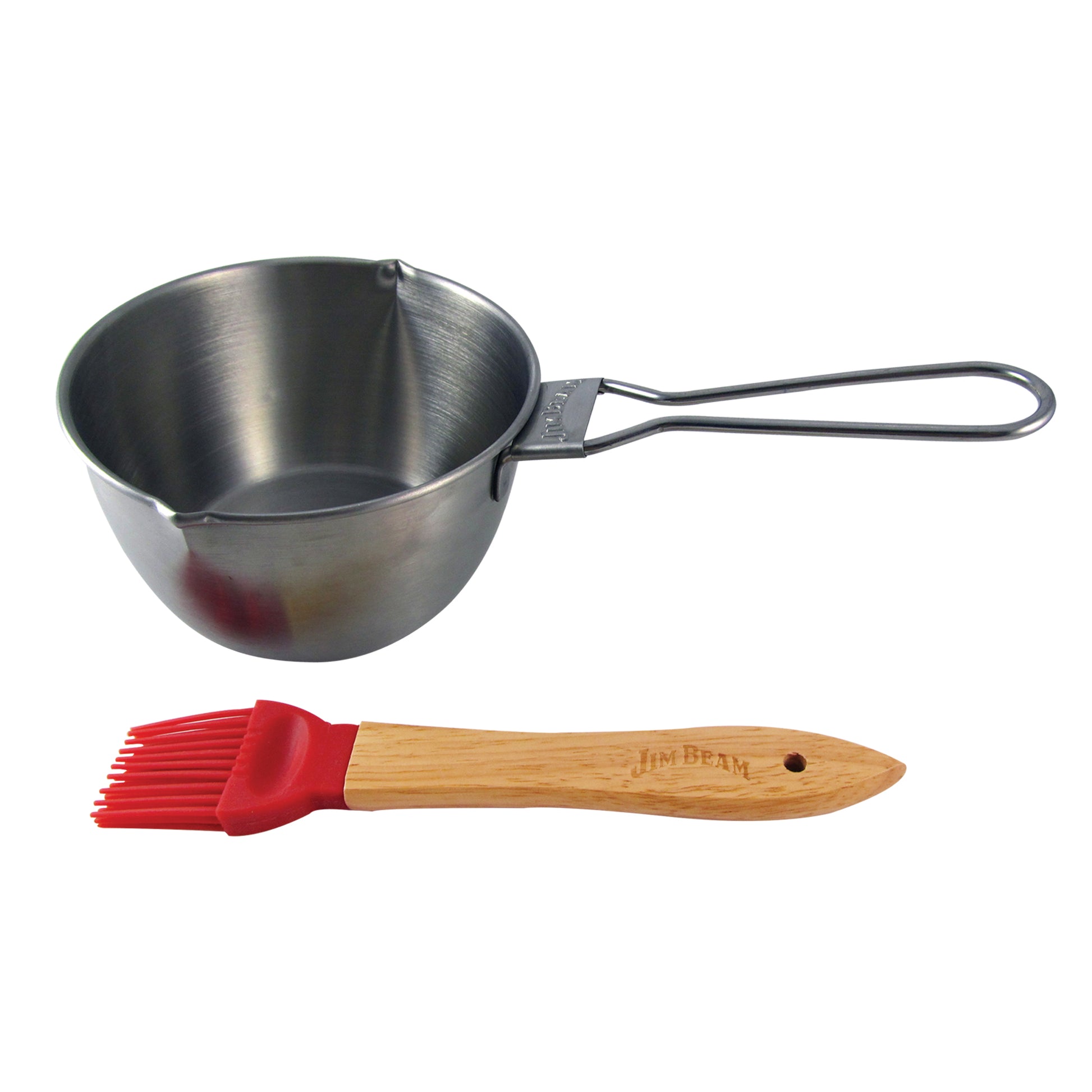 Jim Beam® stainless steel basting pot with spout and red silicone basting brush head with wooden handle set displaying on a white background.