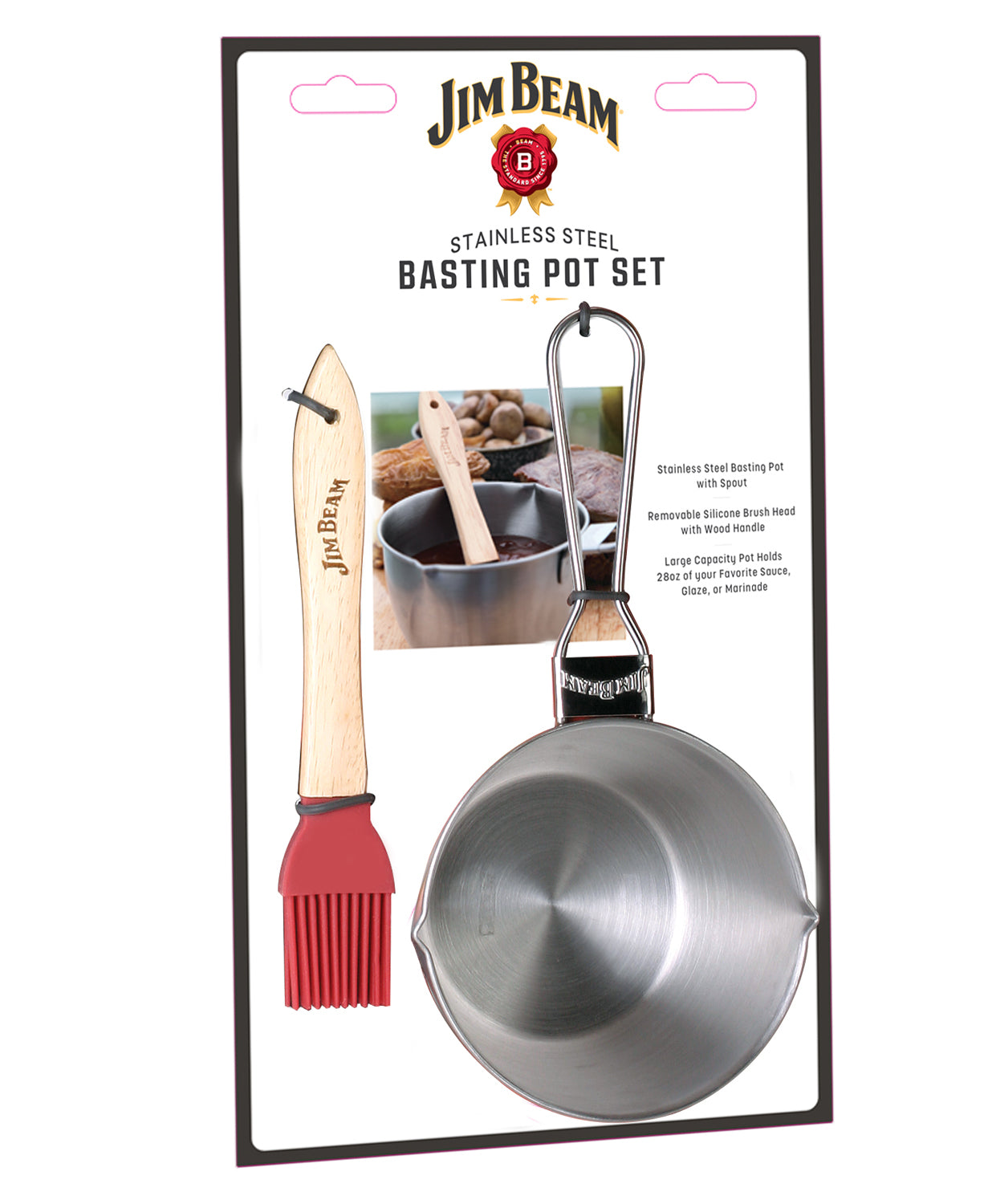 White label displaying Jim Beam® stainless steel basting pot with spout and red silicone basting brush head with wooden handle set and product information.