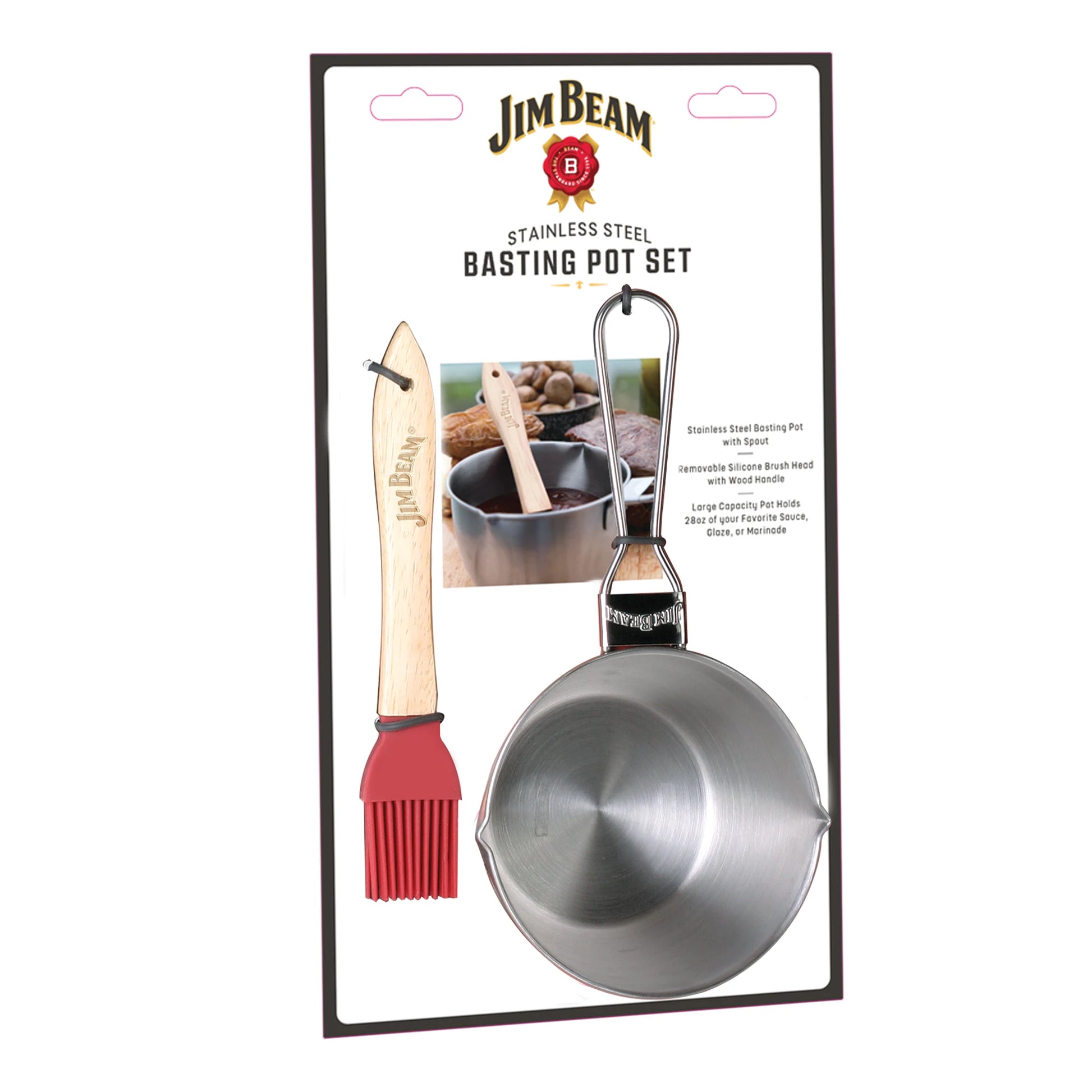 Jim Beam Stainless Steel Basting Pot Set includes a handled steel pot, tongs holder, and wooden-handled red silicone brush—an essential BBQ set. Product details and Jim Beam branding are displayed on the box.