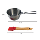 The Jim Beam Stainless Steel Basting Pot Set includes a 10.25 x 3.25 steel pot with a long handle and an 8.25 wooden-handled brush with red bristles—perfect for sauces and marinades, all shown with measurements.