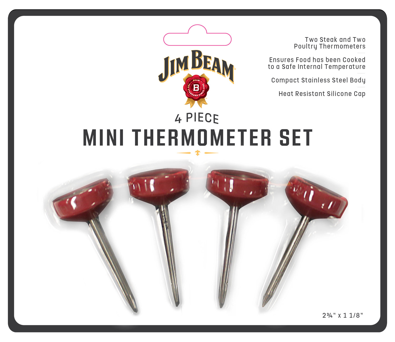 Jim Beam 4 Piece Mini Thermometer Set. Packaging box on white background.