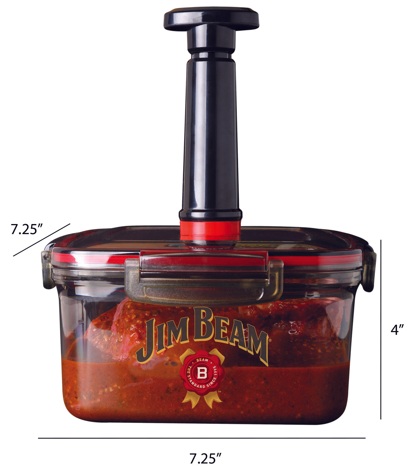 Jim Beam® vacuum seal marinade container with food inside and one black air pump sealer, featuring measurements indicating a 7.25-inch length, 7.25-inch width, and 4-inch height.