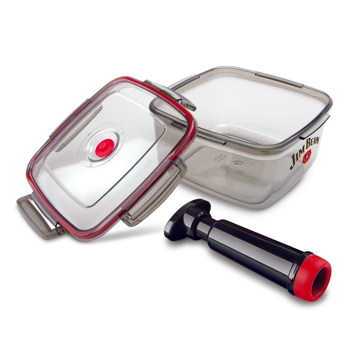 Jim Beam® vacuum seal marinade container and one black air pump sealer are displayed on a white background.