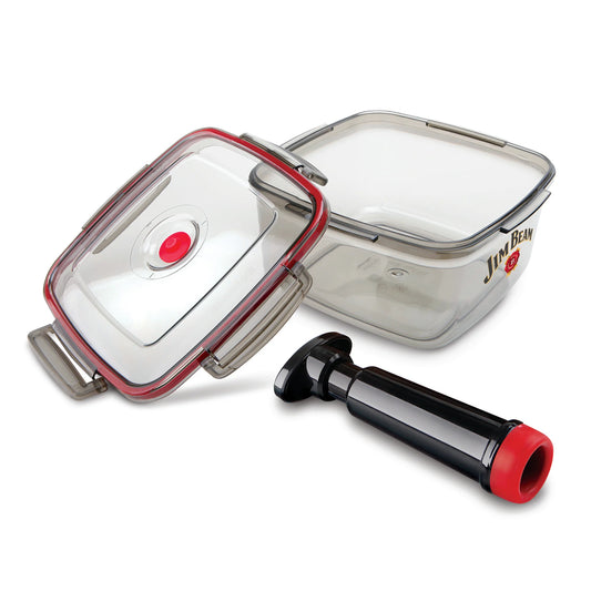 The Jim Beam Vacuum Seal Marinade Container features clear plastic with a red-sealed lid, the Jim Beam logo, plus a black air sealer pump—ideal for BBQ cooking accessories.