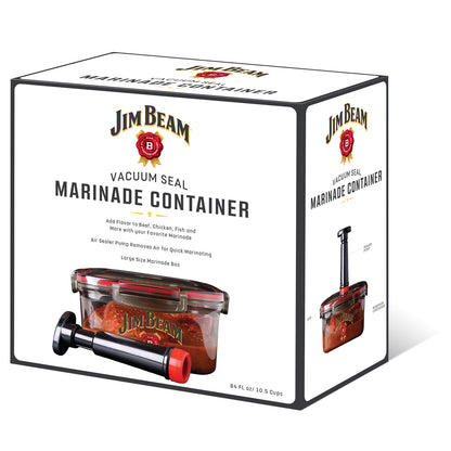 White packaging with product information displaying Jim Beam® vacuum seal marinade container with food inside and one black air pump sealer.