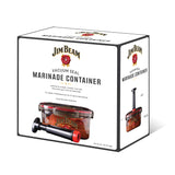 A white box showcases the Jim Beam Vacuum Seal Marinade Container, a BBQ accessory with a black air sealer pump and clear container for marinated meat. The Jim Beam branding and product features are printed on the box.