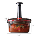 The Jim Beam Vacuum Seal Marinade Container is a rectangular BBQ accessory with a black and red air sealer pump lid, filled with marinated meat in sauce. Measures 7.25 wide by 4 tall.