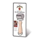 The Jim Beam Stainless Steel Rolling Meat Tenderizer has a wooden handle and a textured metal roller, making it easy to tenderize meat. It comes packaged on a white cardboard backing.