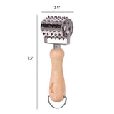 The Jim Beam Stainless Steel Rolling Meat Tenderizer by Jim Beam features sharp spikes, a wooden handle, and measures 2.5 inches wide by 7.5 inches long.