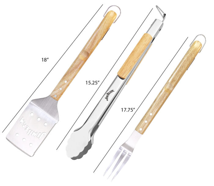 Three barbecue tools with wooden handles and stainless steel ends including a spatula, fork, and tongs, each labeled with their lengths: 18", 17.5", and 15.25".