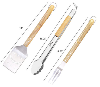 Three barbecue tools with wooden handles and stainless steel ends including a spatula, fork, and tongs, each labeled with their lengths: 18", 17.5", and 15.25".