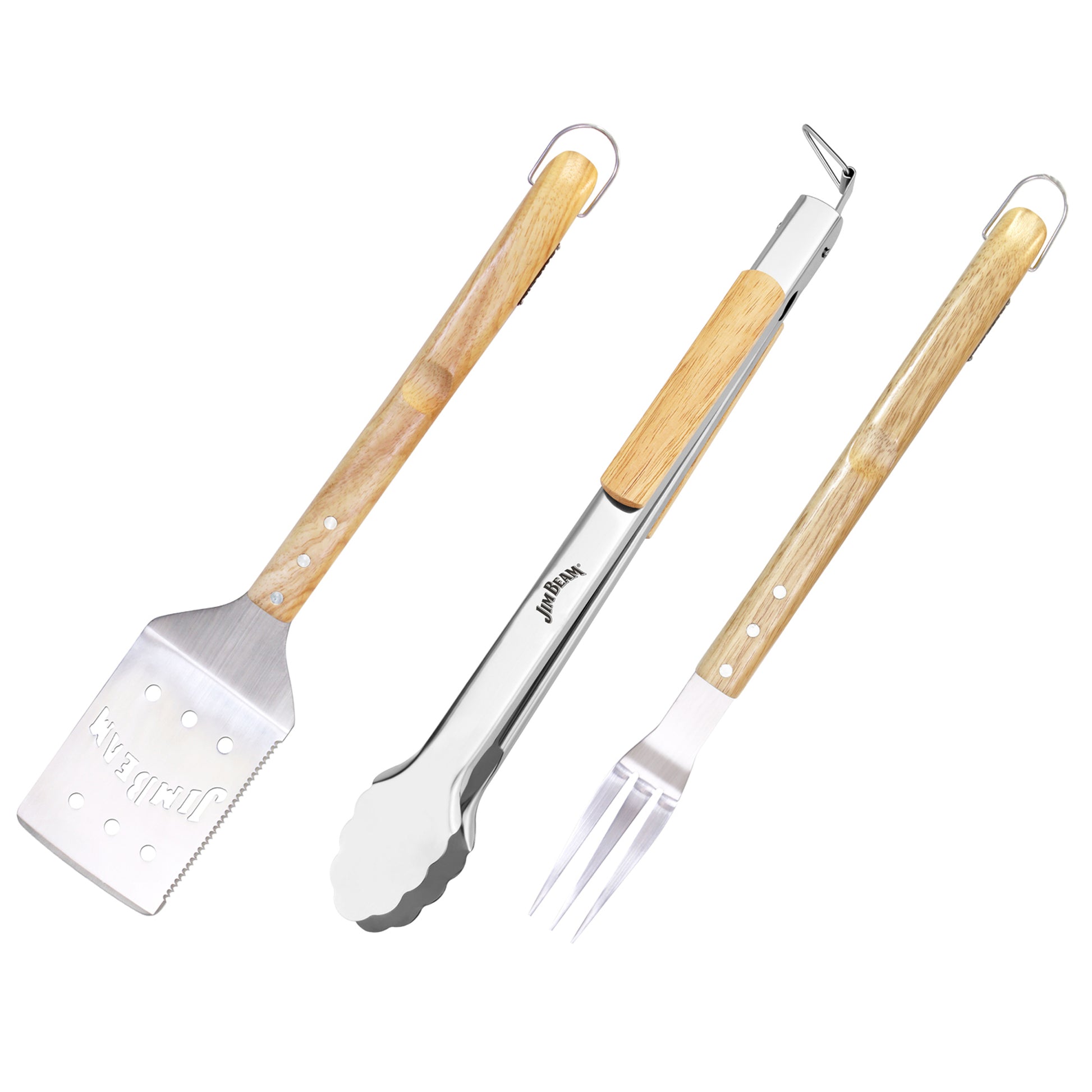 Jim Beam® Three stainless steel barbecue tools with wooden handles: a spatula, tongs, and a fork, isolated on a white background.