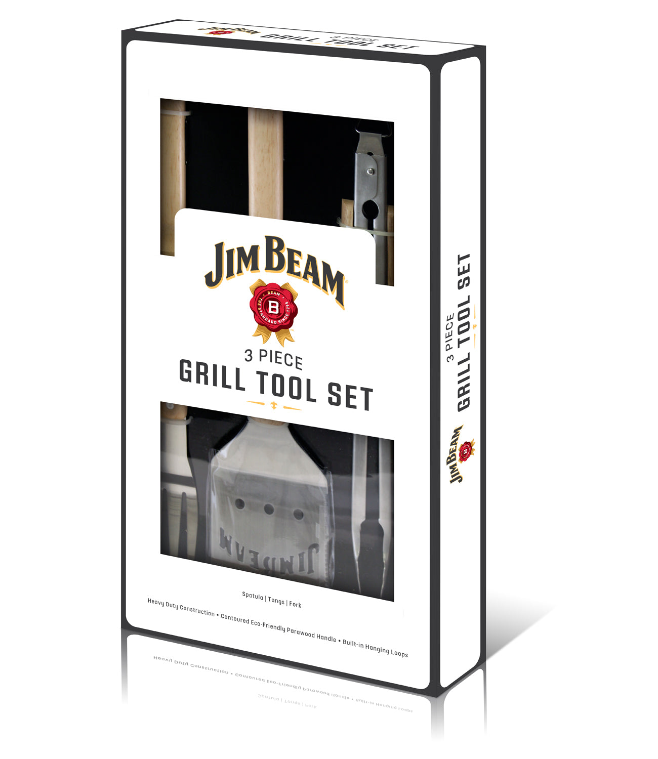 A Jim Beam branded 3-piece grill tool set in a display box, including a spatula, fork, and tongs, all with wooden handles.