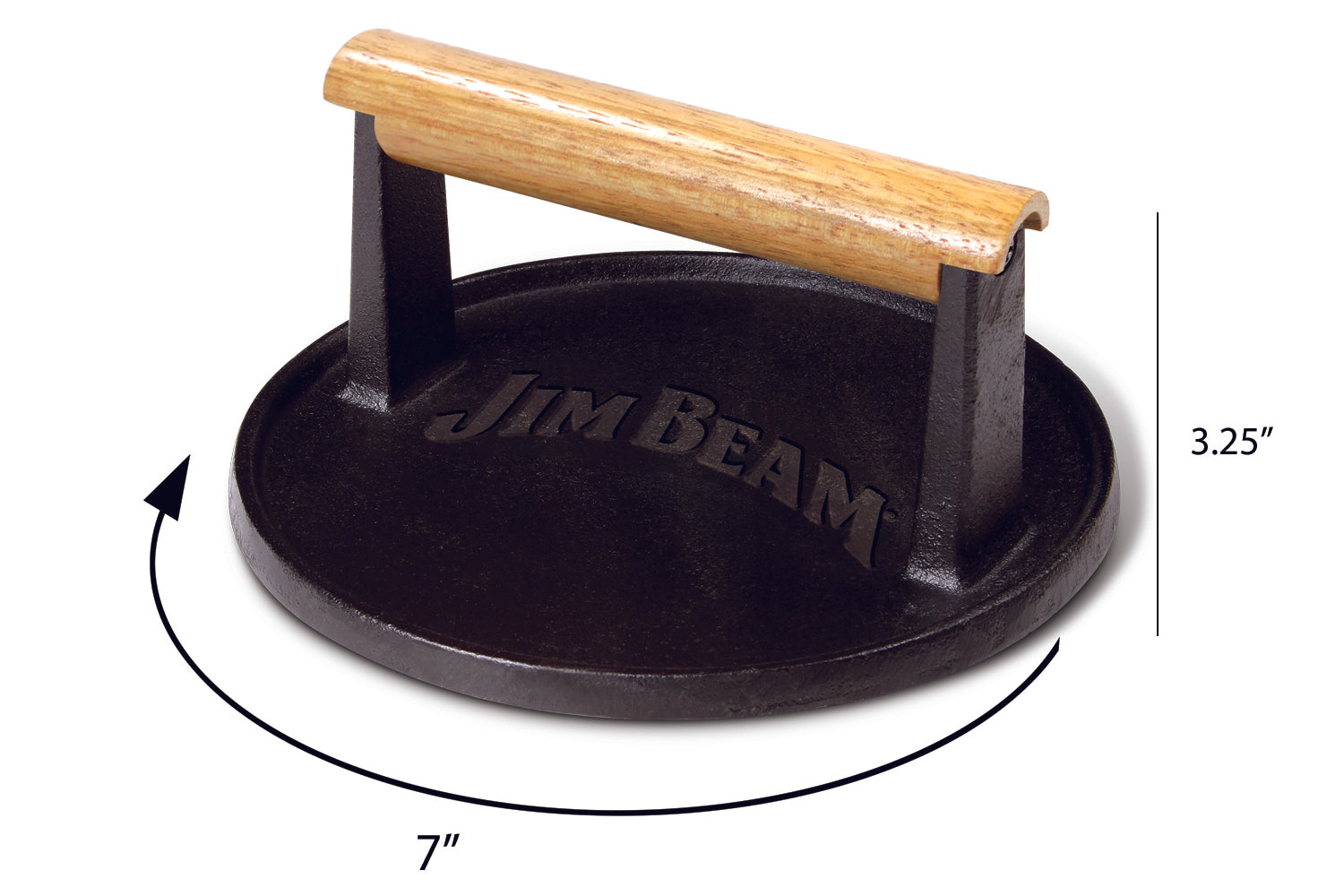 Jim Beam® Cast Iron Burger Press with a wooden handle showing dimension 7" x 3.25".