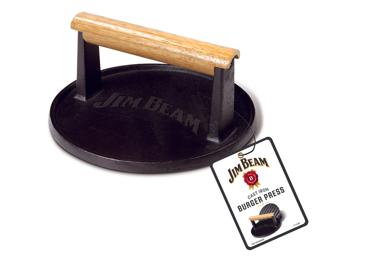 Jim Beam® Cast Iron Burger Press with a wooden handle and white label.