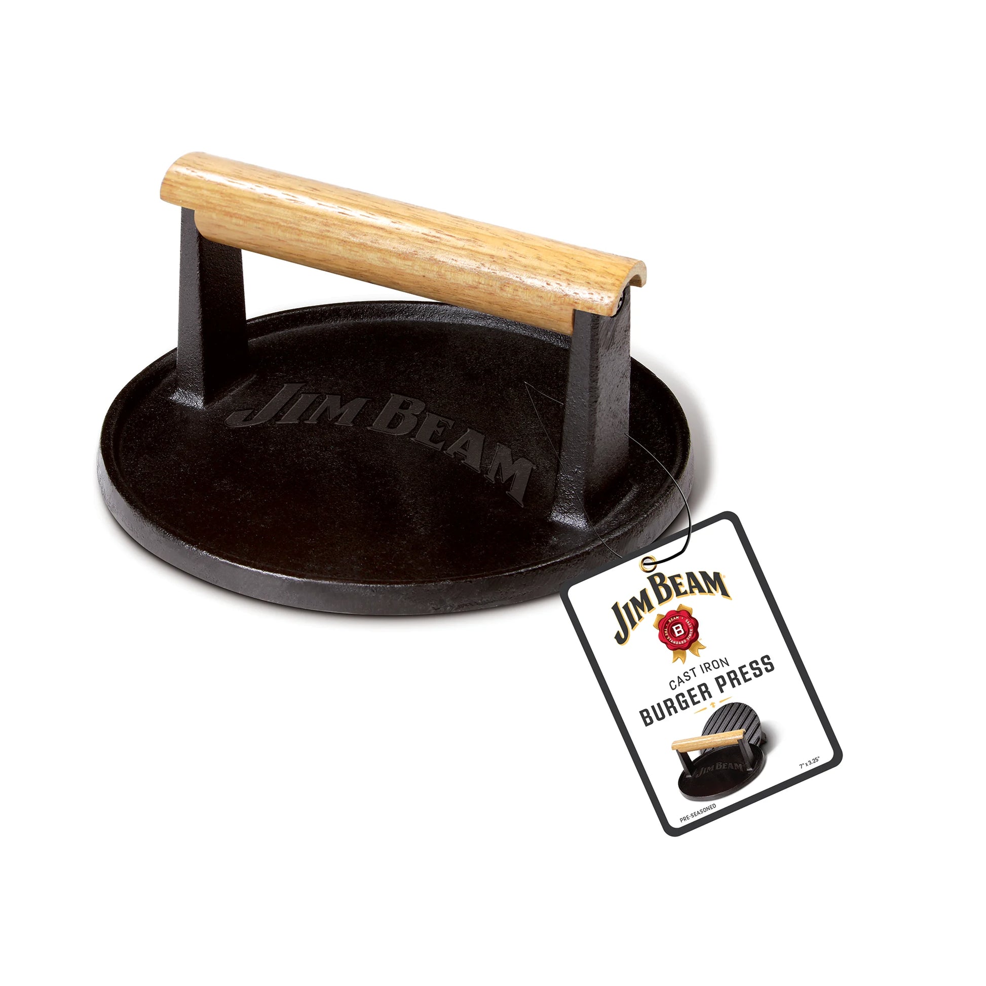 A must-have for grillers, the Jim Beam Cast Iron Burger Press features a sturdy wooden handle, engraved Jim Beam logo on top, and a product tag labeled Jim Beam Cast Iron Burger Press attached to the handle.