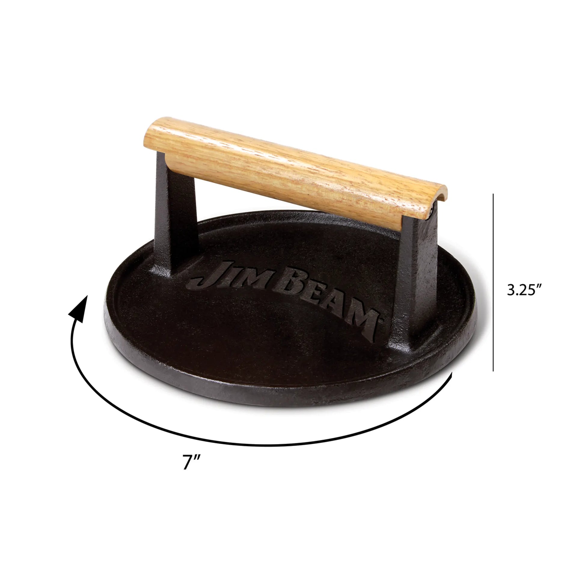 The Jim Beam Cast Iron Burger Press is a round, black grill press with a wooden handle and Jim Beam engraved on top. It measures 7 wide by 3.25 tall—perfect for even burger cooking and ideal for grilling enthusiasts.