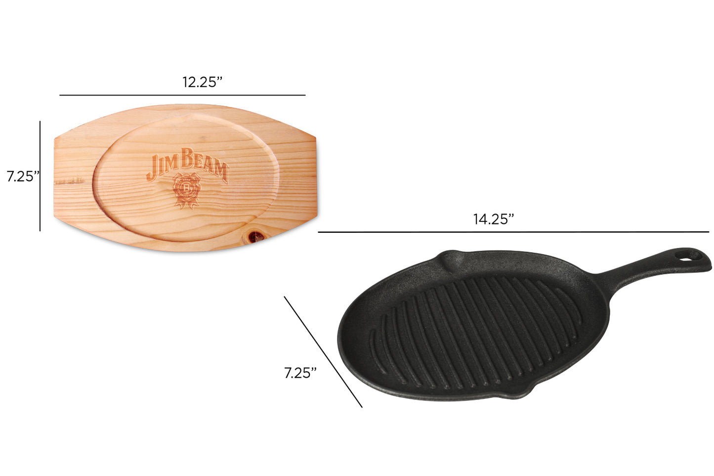 Two images side-by-side: to the left, a Jim Beam® wooden trivet; to the right, a Jim Beam® black cast iron skillet with handle. Both items have dimension mentioned: wooden trivet is 12.25" by 7.25" and black cast iron skillet is 14.25" by 7.25".