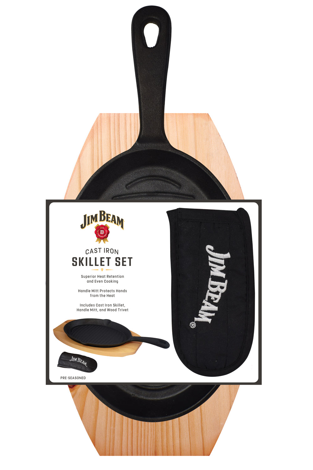 A Jim Beam® black cast iron skillet on a Jim Beam® wooden trivet, with white and black packaging showcasing product details.