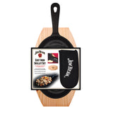 The Jim Beam Cast Iron Skillet Set includes a versatile pre-seasoned skillet, black Jim Beam handle cover, and packaging with cooked food imagery—perfect cookware for everyday use.