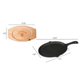 The Jim Beam Cast Iron Skillet Set features a 12.25 x 7.25 oval wooden serving board engraved with “Jim Beam” and a pre-seasoned black cast iron grill pan (14.25 x 9.25 x 7.25)—ideal for versatile cooking and serving.