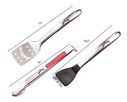 Three kitchen utensils, including a spatula, tongs, and a grill brush, displayed with measurements for their lengths.