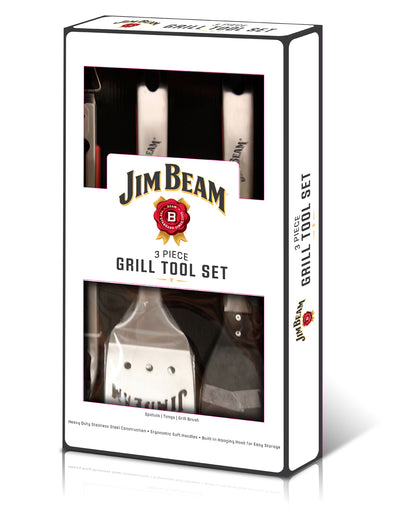 A Jim Beam 3-piece grill tool set box, displaying a spatula, fork, and grill brush.