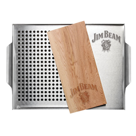 The Jim Beam 2 Piece Grill Topper Set includes a vented grill tray with side handles and a rectangular cedar plank, both engraved with the Jim Beam logo.