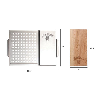 The Jim Beam 2 Piece Grill Topper Set includes a vented topper (17.75 x 12) with perforated and solid sections and a cedar plank topper (11.5 x 5), both featuring the iconic Jim Beam logo.