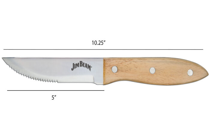 Jim Beam 4 Piece Steak Knife Set. Showing dimension 10.25" x 5".