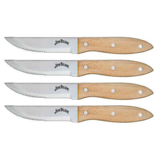 The Jim Beam 4 Piece Serrated Steak Knife Set features stainless steel blades, ergonomic handles with three metal rivets, and the Jim Beam logo on each blade. The four knives are displayed in a horizontal row.