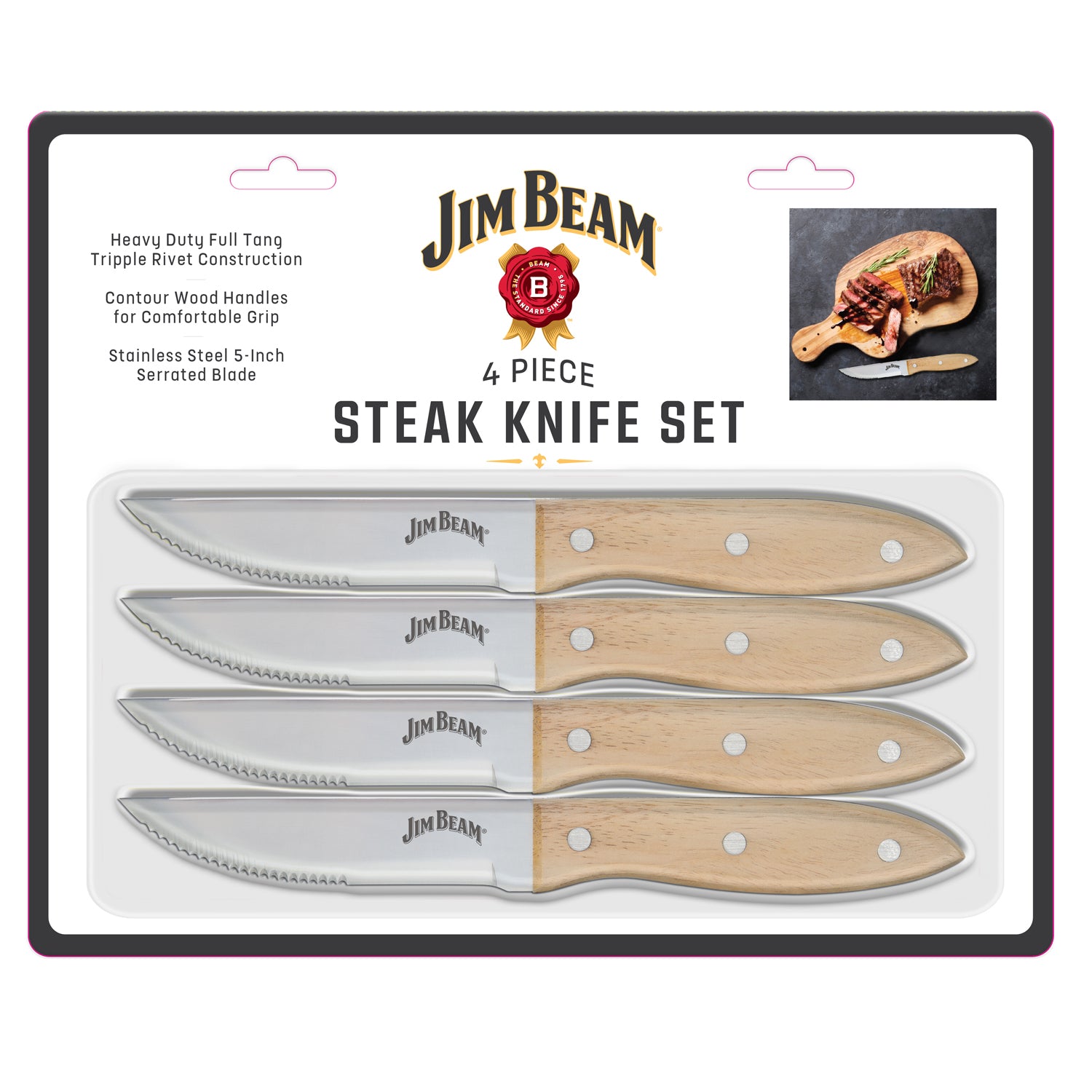 Jim Beam® 4 Piece Serrated Steak Knife Set. Packaging box on white background.