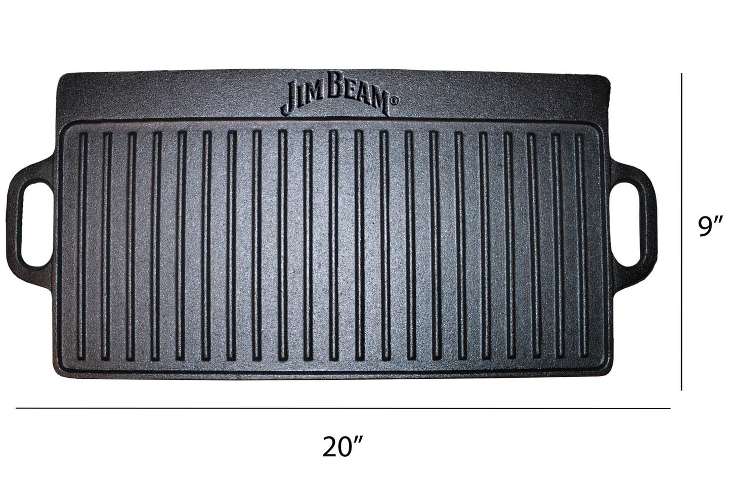 Jim Beam® rectangular cast iron griddle with the Jim Beam logo embossed on the top, featuring grill ridges and handles on both sides, measuring 20 inches by 9 inches.