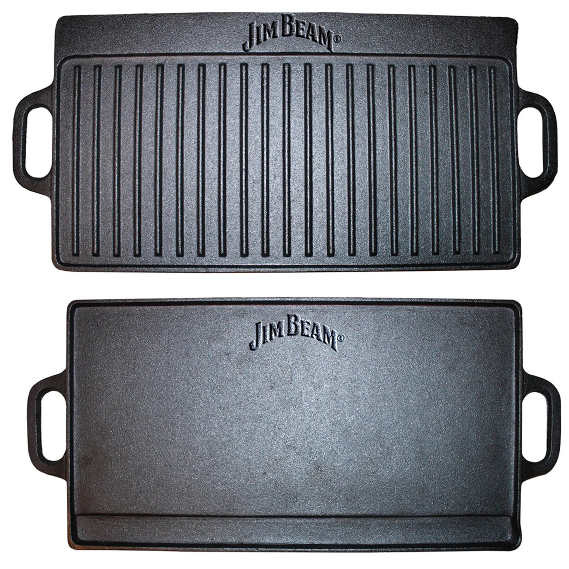 The Jim Beam Cast Iron Reversible Grill/Griddle features a black cast iron design with side handles. One side has raised grill lines; the other is flat for griddling. Both sides are perfect for stovetop use and display the Jim Beam logo.