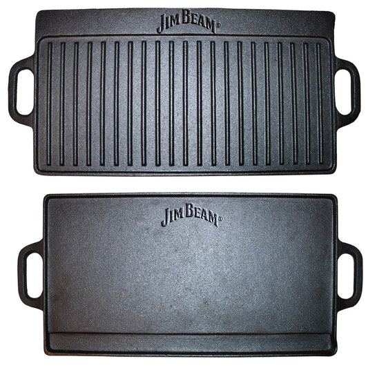 The Jim Beam Cast Iron Reversible Grill/Griddle features a black cast iron design with side handles. One side has raised grill lines; the other is flat for griddling. Both sides are perfect for stovetop use and display the Jim Beam logo.